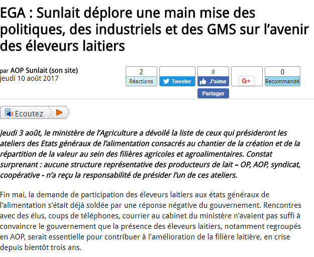 EGA : Sunlait déplore une main mise des politiques, des industriels et des GMS sur l’avenir des éleveurs laitiers