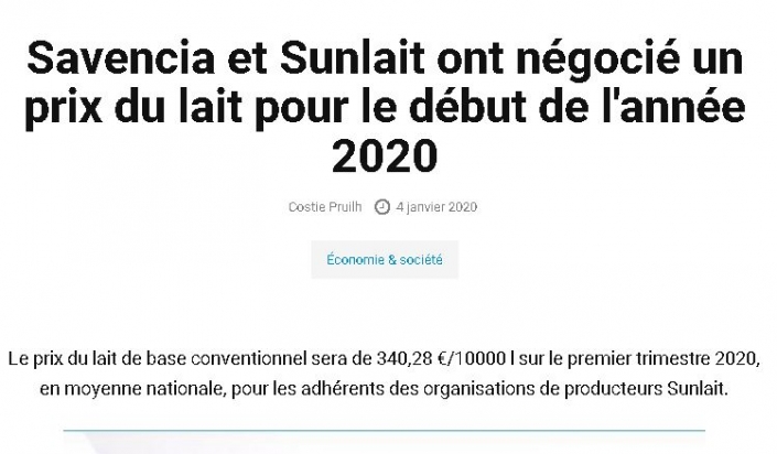 Savencia et Sunlait ont négocié un prix du lait pour le début de l’année 2020 Savencia et Sunlait ont négocié un prix du lait pour le début de l'année 2020